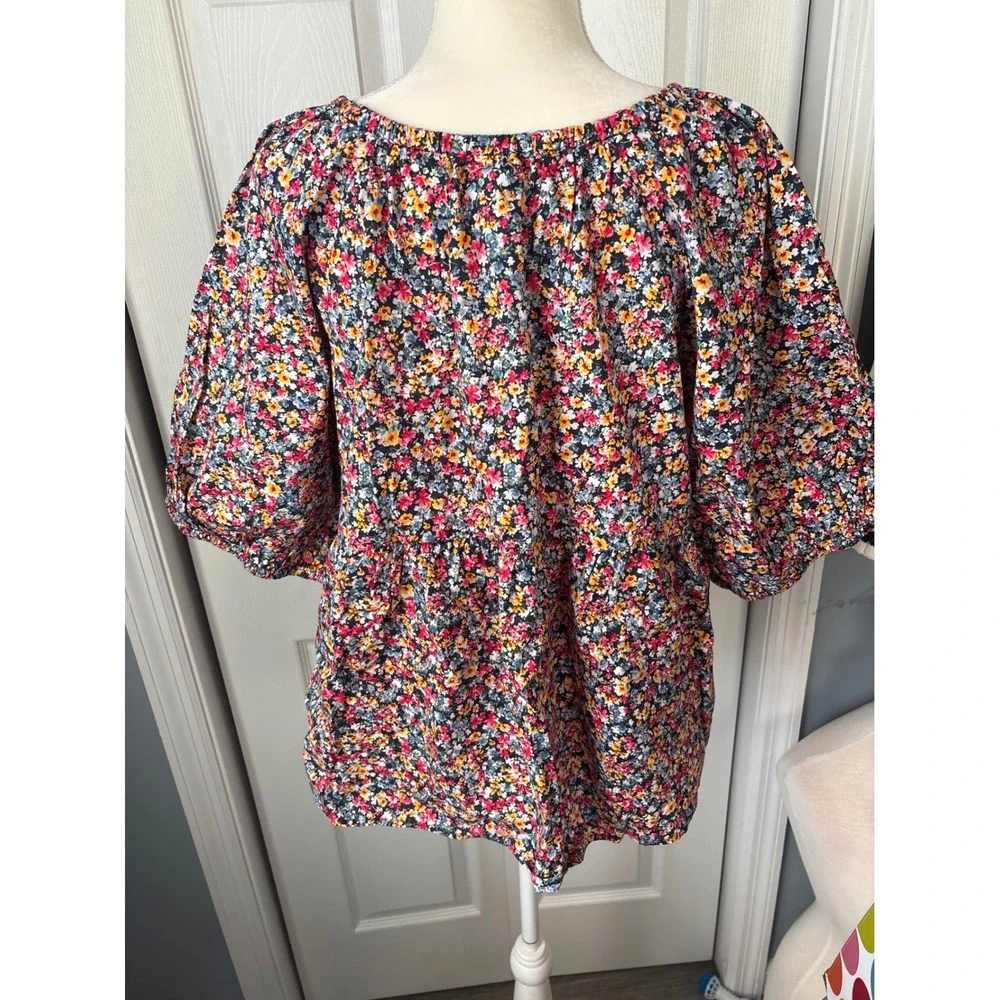 Old Navy Womens XL Tall Floral Babydoll Peplum Top Puff Sleeve Navy Blue Multi
